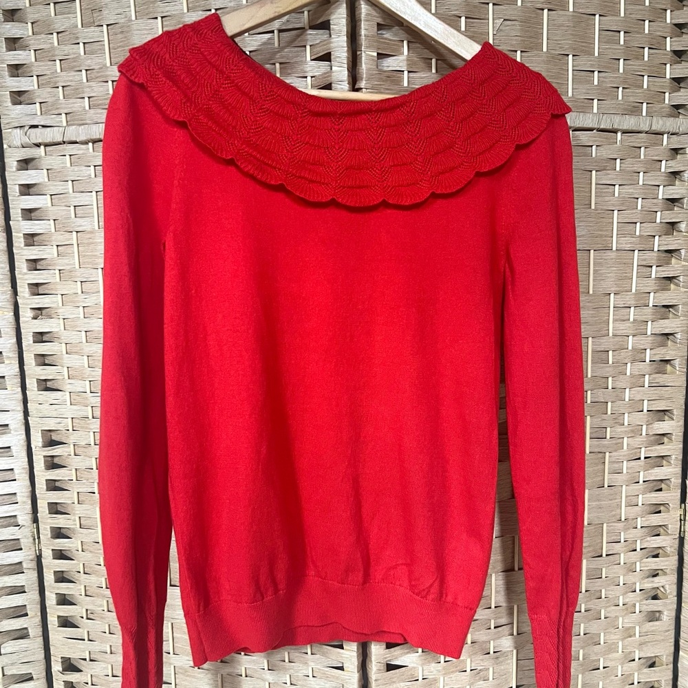 Boden Red Scallop Collar Crochet Sweater, Bow Tie Back, Cotton Knit Size Small